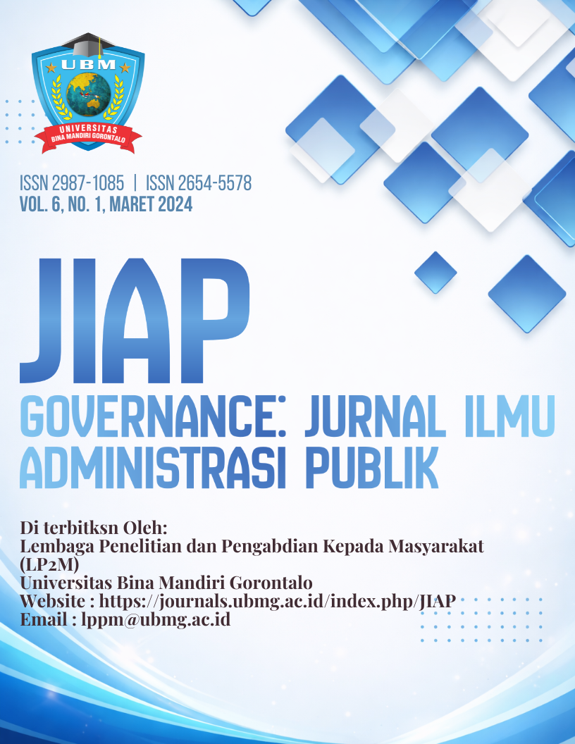 					Lihat Vol 6 No 1 (2024): Governance: Jurnal Ilmu Administrasi Publik (JIAP)
				